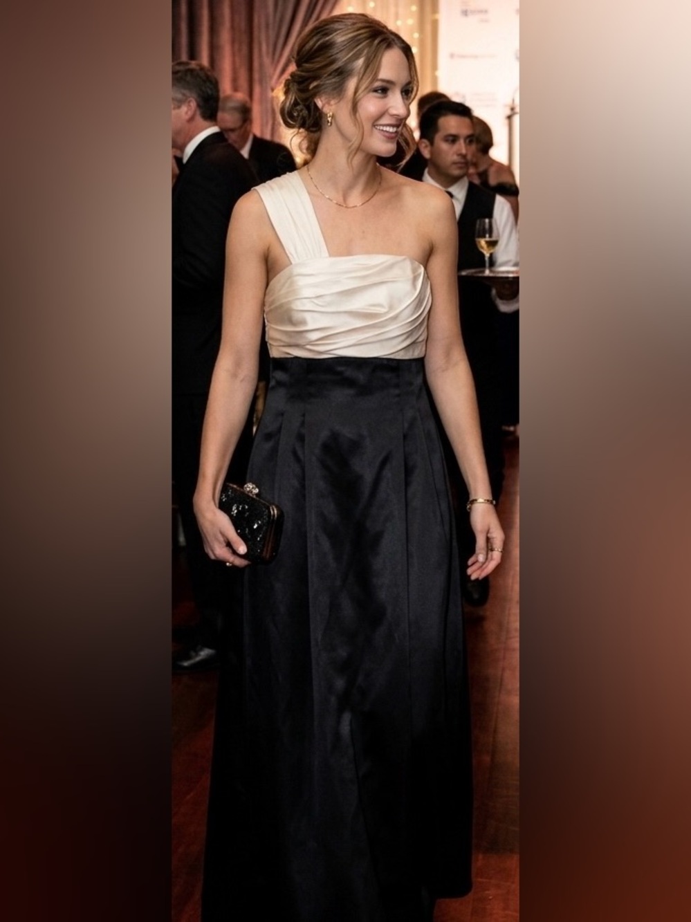 Carmen Marc Valvo Black Creme Organza Satin Maxi Dress